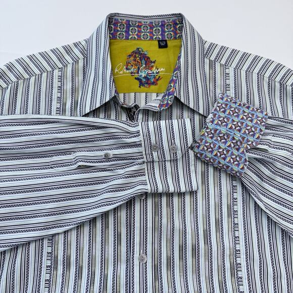 Robert Graham Long Sleeve Shirt Mens XL‎ Textured Striped Blue Green Flip Cuff - Picture 1 of 8
